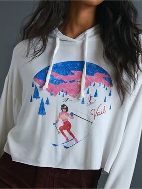 Anthropologie White Cropped Hoodie with Blue and Pink Ski Graphic